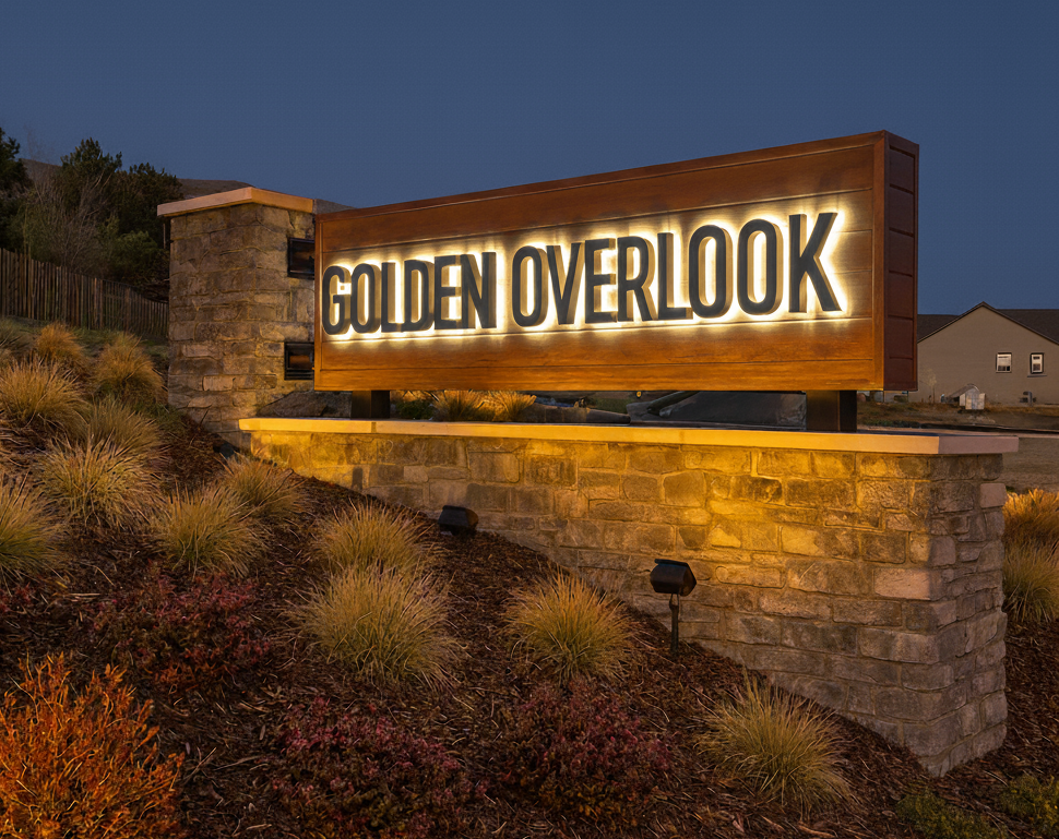 Golden Overlook illuminated neighborhood monument sign at dusk