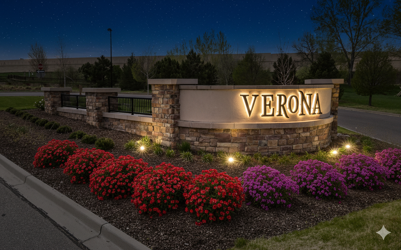 Verona curved stone and stucco gateway monument illuminated at night