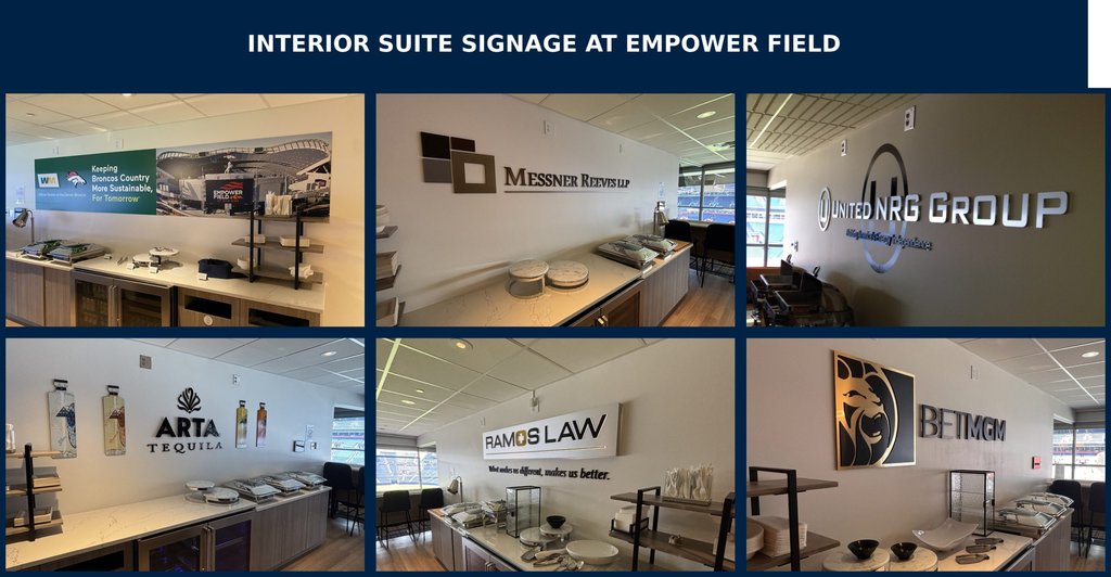 Dimensional sponsor signage in a suite at Empower Field at Mile High